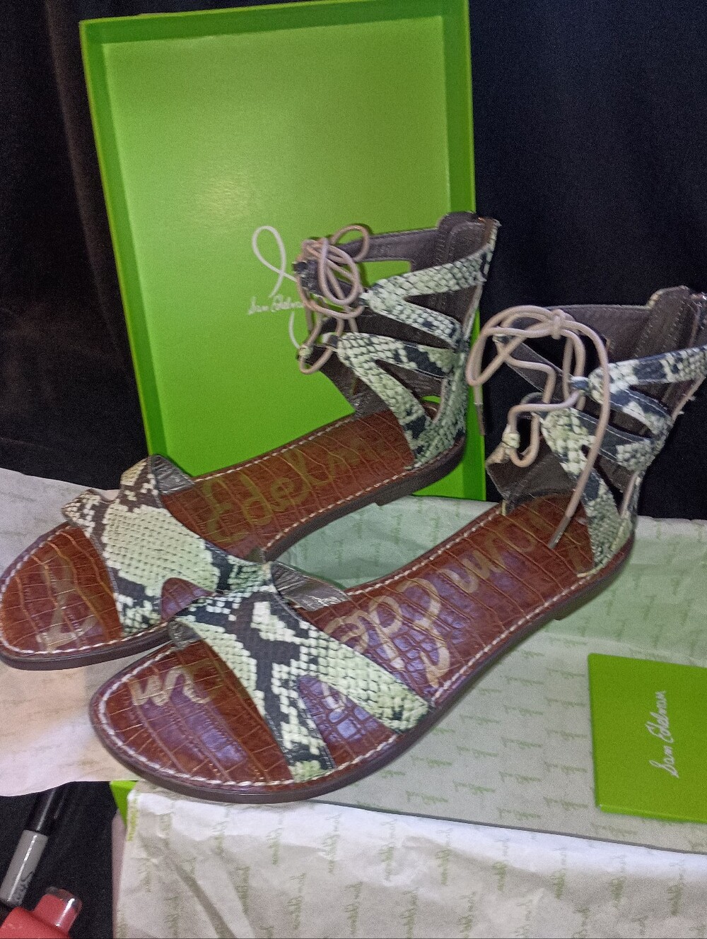 NWB Sam Edelman GWENNNA GreenPython/Blk Leather LaceUp Gladiator Sandals Sz 9.5M